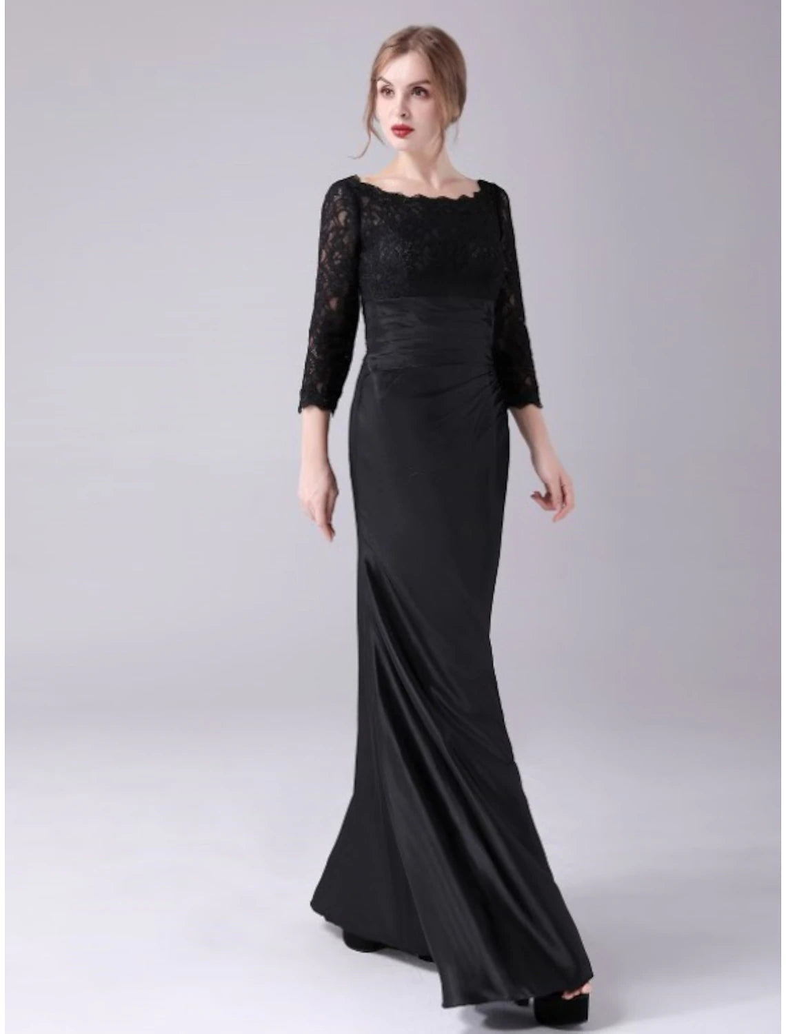 Vestido de sirena/trompeta para madre de la novia, talla grande, elegante, cuello joya, largo hasta el suelo, satén, manga 3/4 con fruncido de encaje