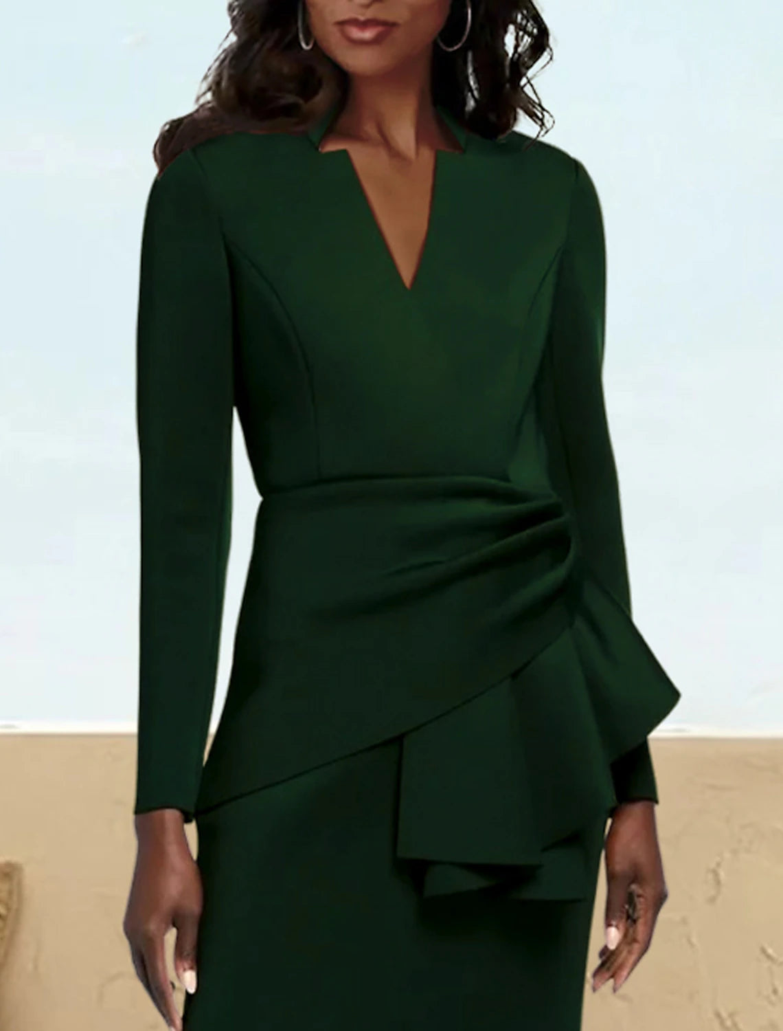 Abito da cerimonia per la madre della sposa, a trapezio, elegante, con scollo a V, lunghezza al pavimento, in raso, maniche lunghe con arricciature