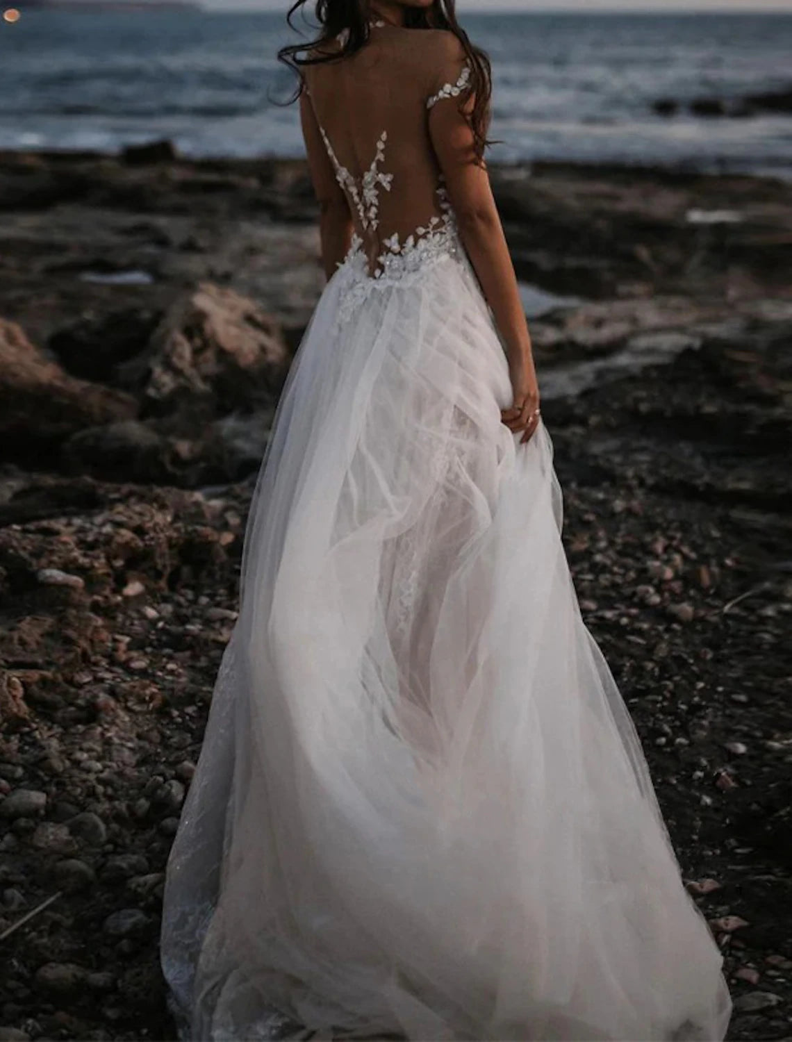 Beach Open Back Boho Wedding Dresses A-Line Off Shoulder Cap Sleeve Co – JiMiss Dresses
