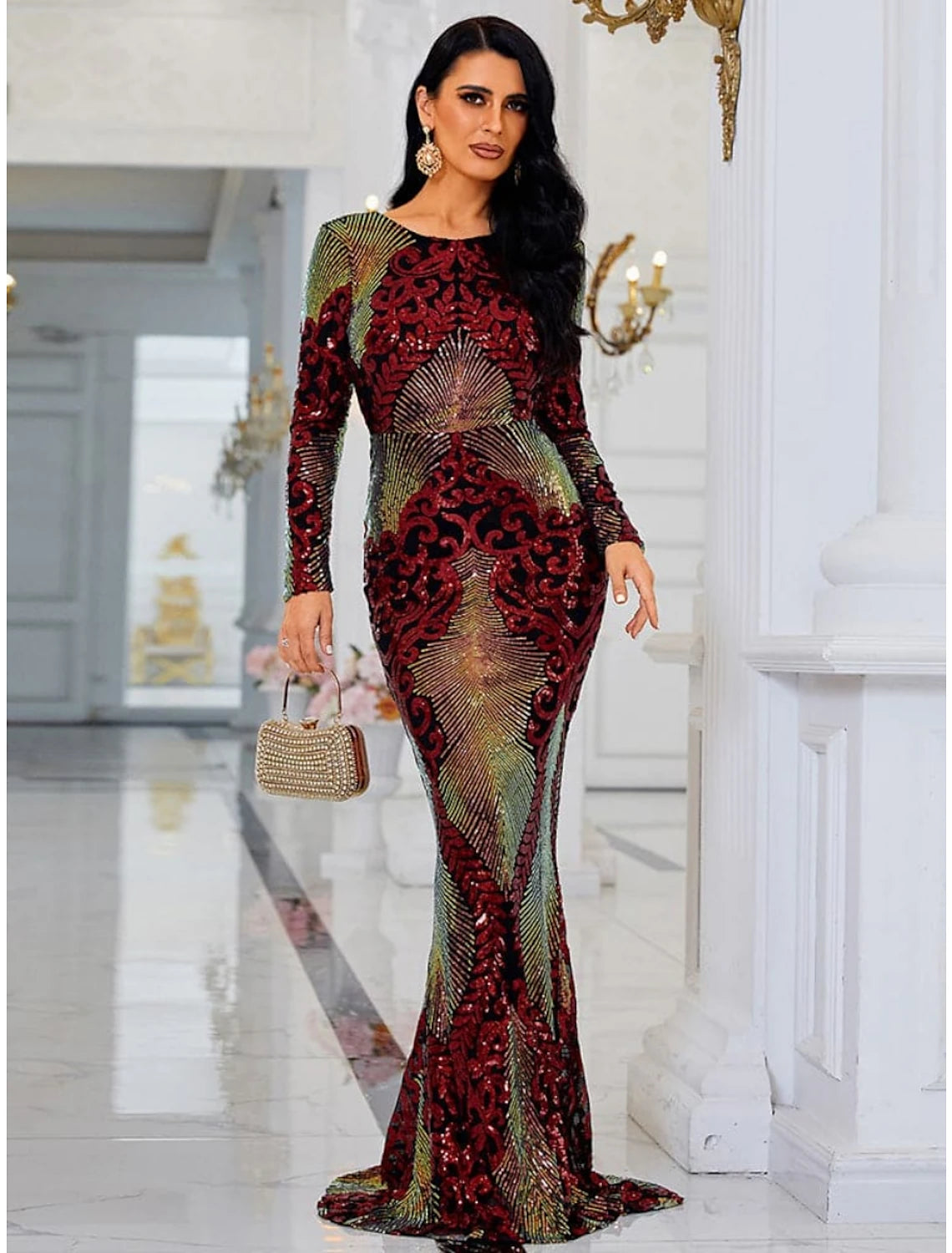 Glamorous Gold Sequin Mermaid Floor-Length Evening Dress with Boat Neck