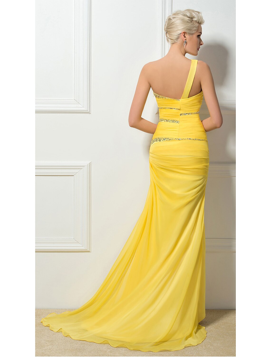 Yellow Chiffon One Shoulder Sheath/column Floor-Length Evening Dress