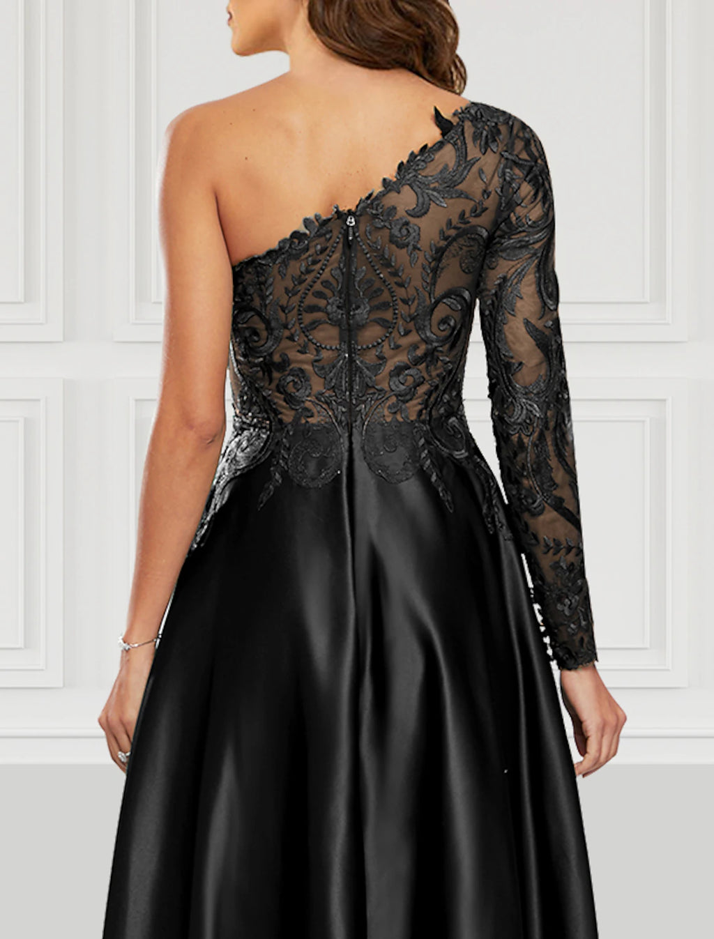 Vestidos de fiesta de corte A, vestido negro, vestido de fiesta, largo hasta el suelo, manga larga, un hombro, satén con abertura