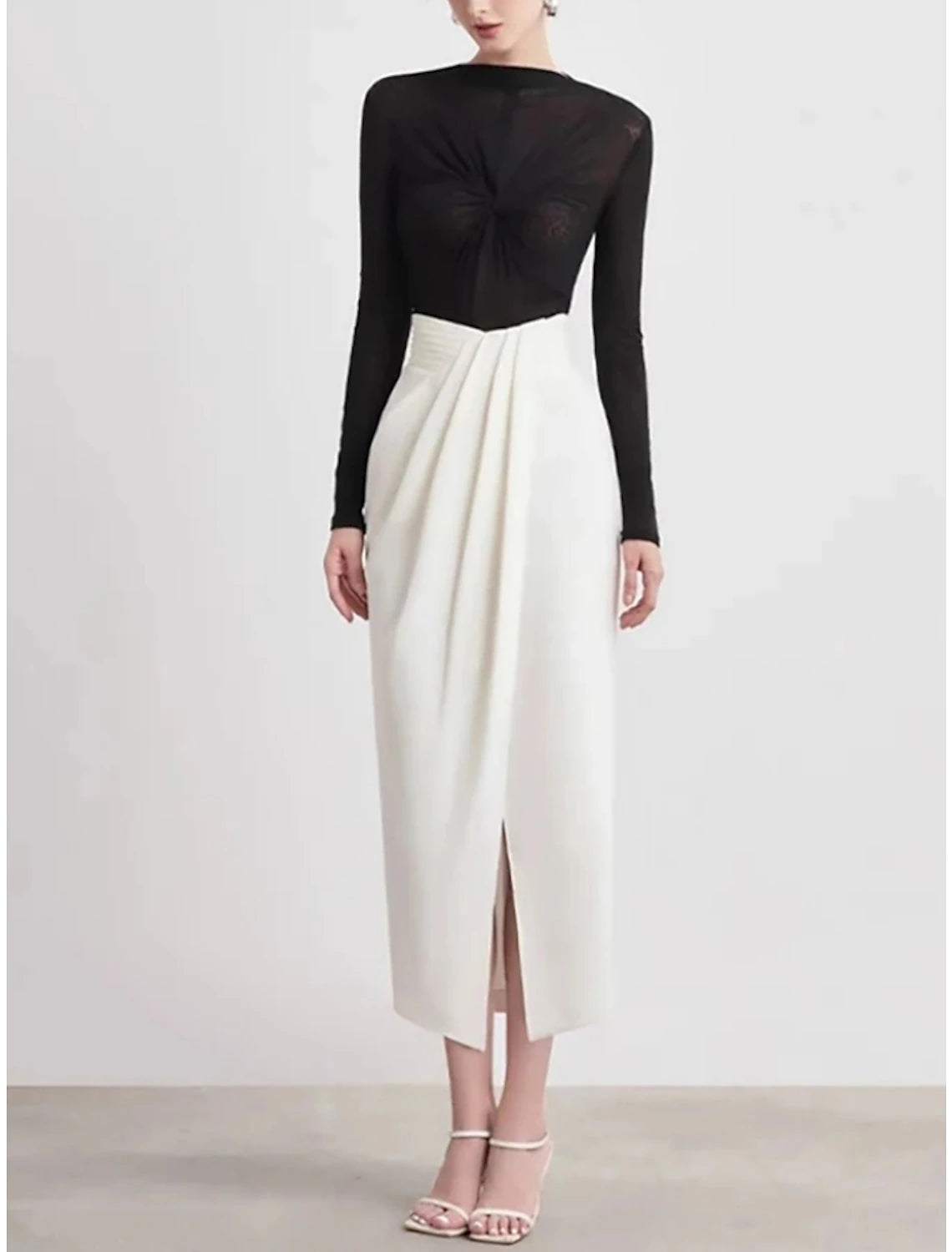 Vestido de noche elegante, corte tubo, largo hasta la rodilla, manga larga, cuello alto, abertura fruncida, 2025