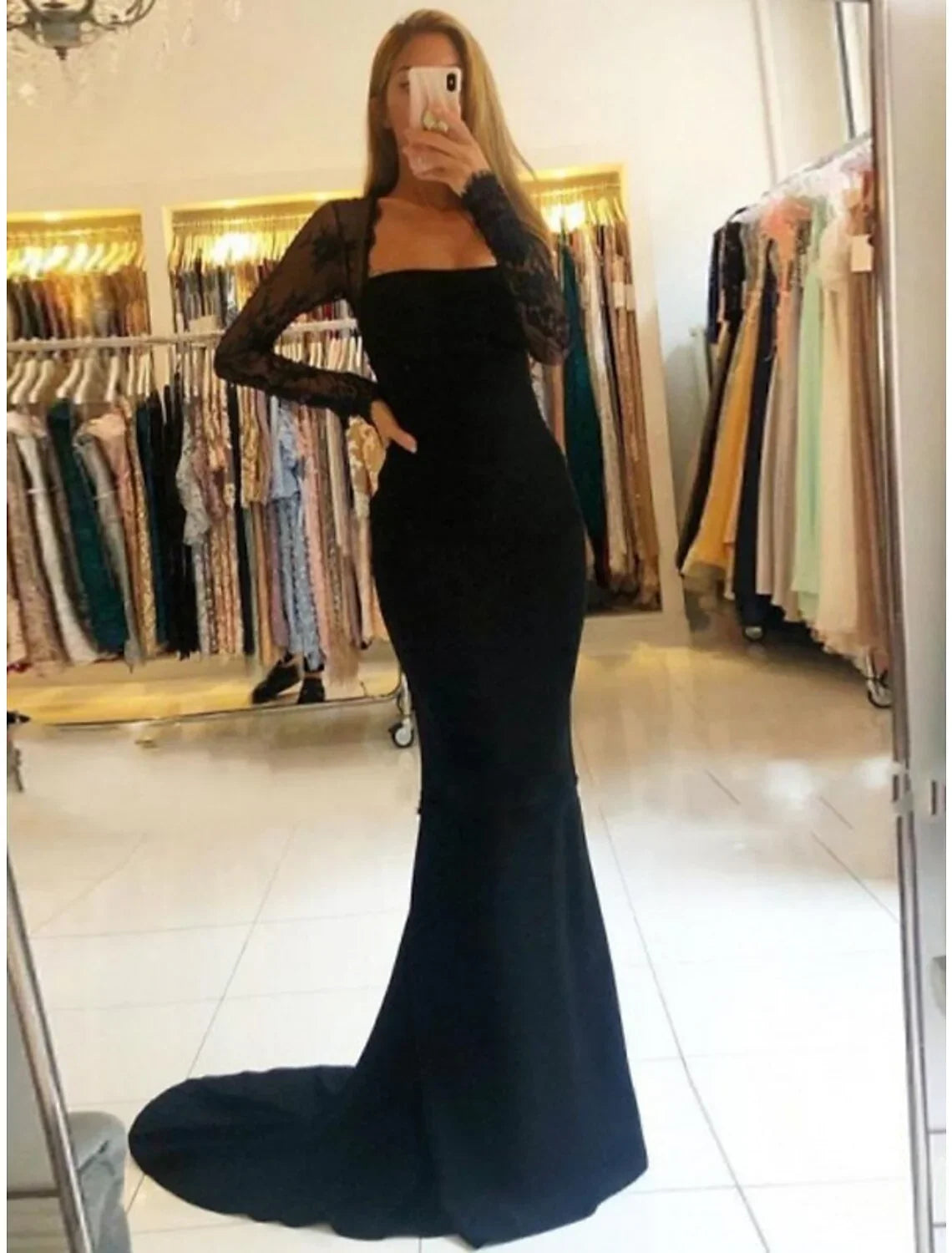 Black Crepe Mermaid Straight Neck Floor-Length Evening Dress with Lace Sleeves