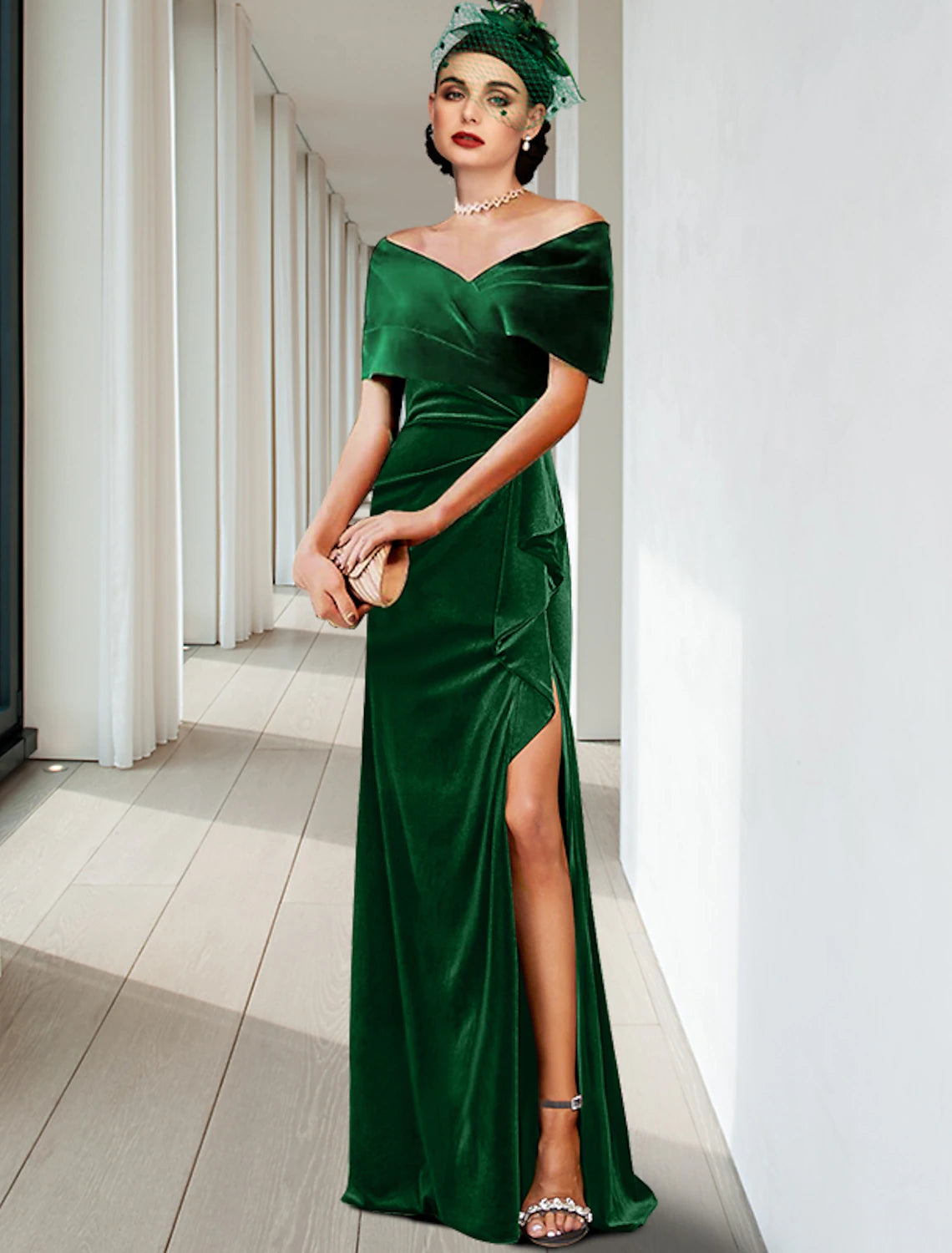 Vestido de noche elegante con corte en forma de columna, para invitados de boda, cóctel, largo hasta el suelo, sin mangas, escote en V, terciopelo con pliegues y volantes.