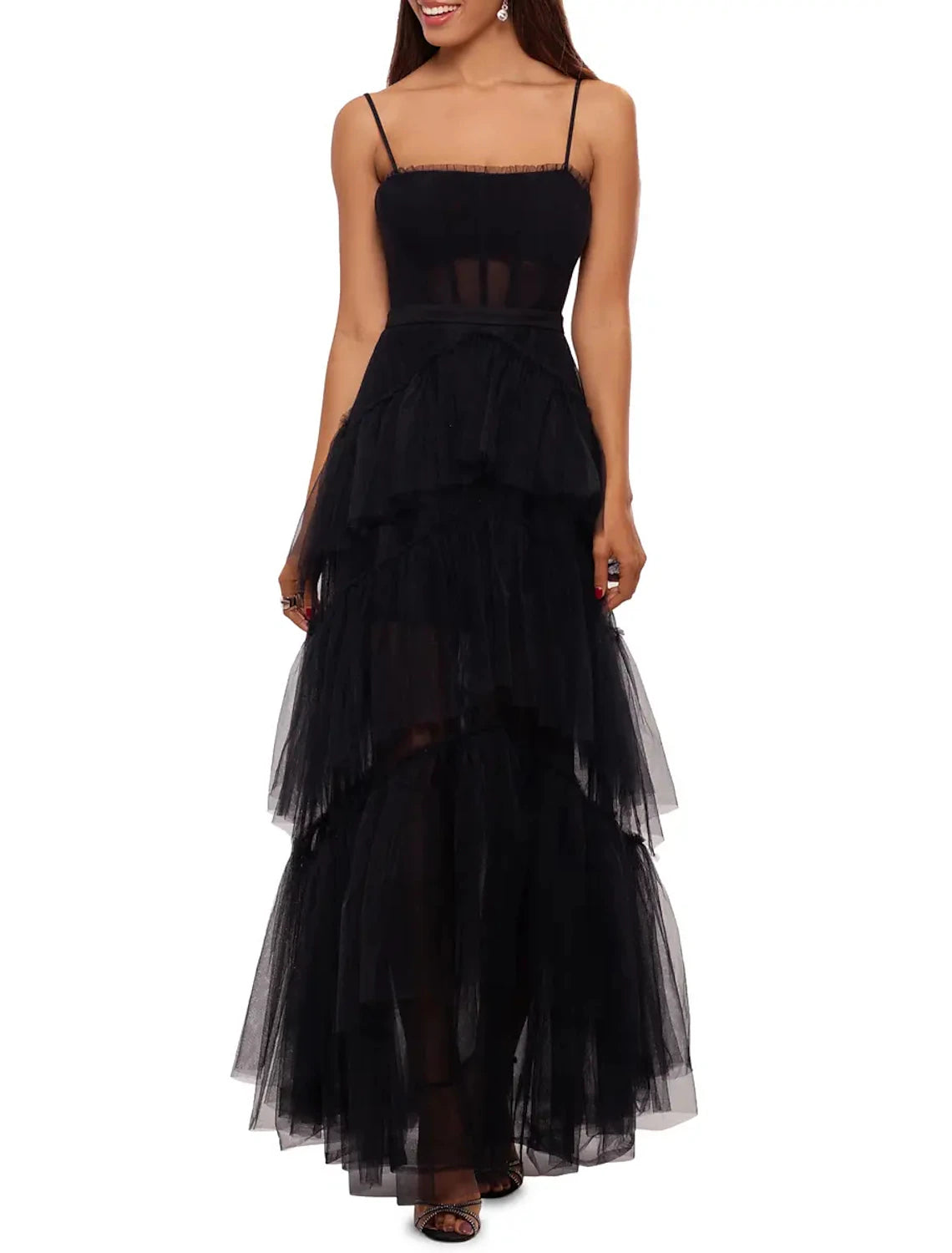 Vestidos de fiesta elegantes, vestido formal de fiesta, largo hasta el suelo, sin mangas, tirantes finos, tul con fruncido