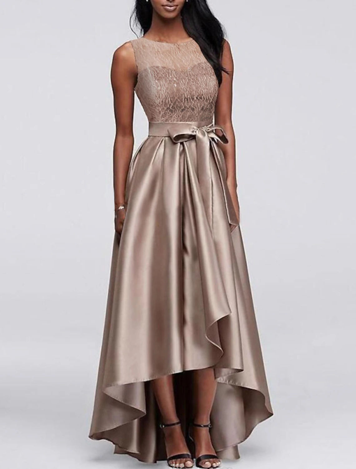 Abito da cerimonia per la madre della sposa, a trapezio, elegante, con scollo a V, asimmetrico, in raso, senza maniche, con fiocco/i