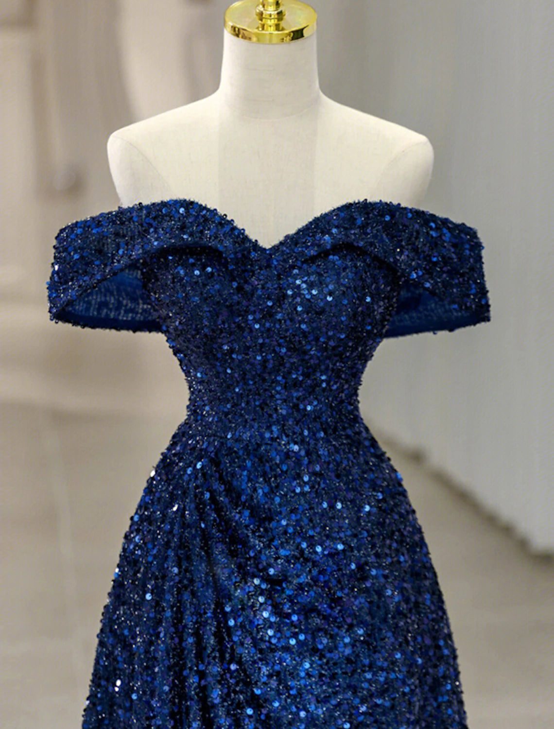Blue Sequin A-Line Off-the-Shoulder Floor-Length Evening Dress