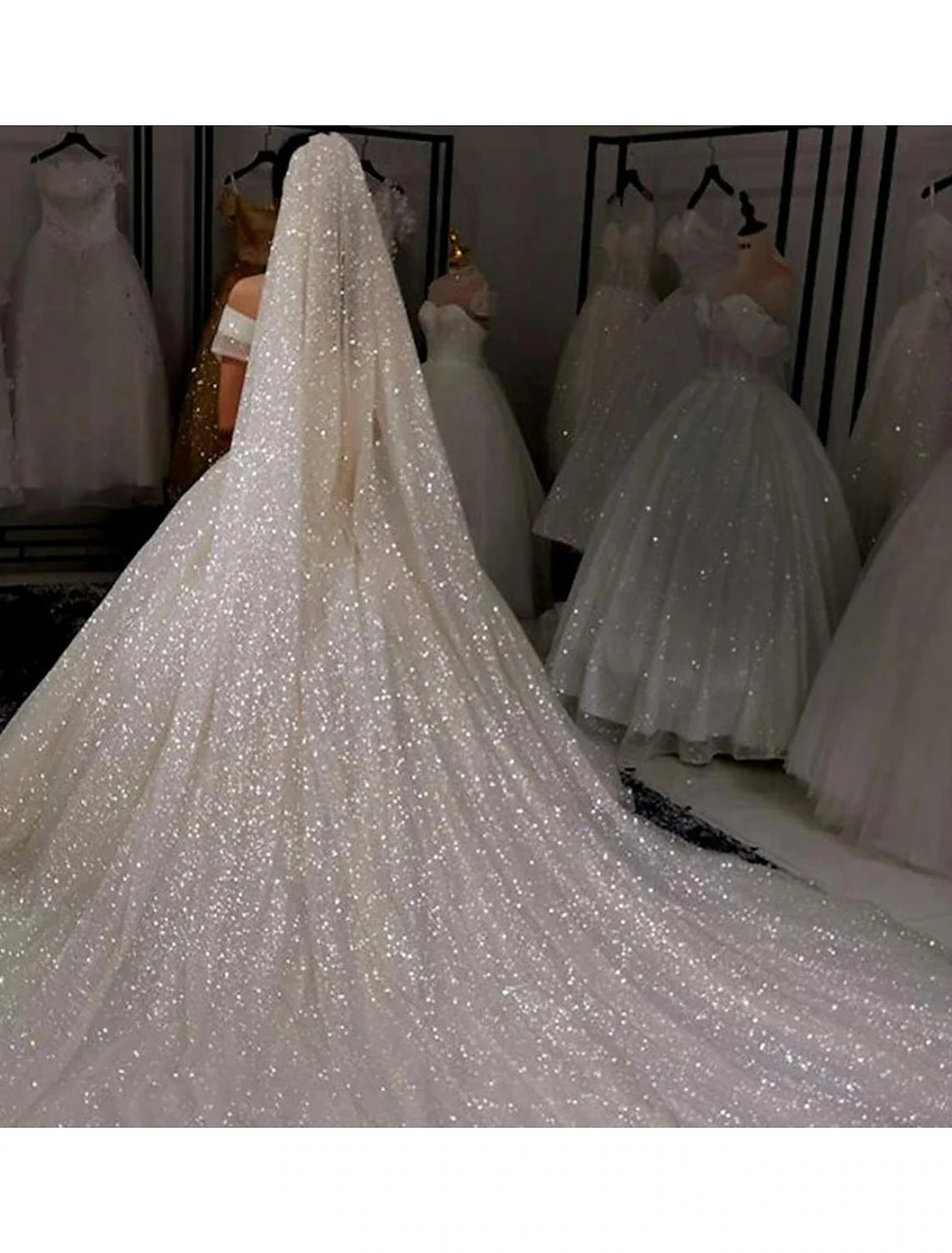 Ivory Glitter Fabric Ball Gown Floor-Length Wedding Dress with Long Train