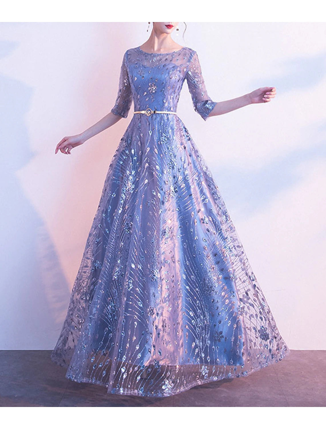 Navy Blue Sequin A-Line Boat Neck Floor-Length Evening Dress for Prom & Bridesmaid