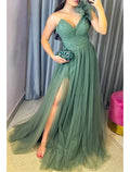 Vestido de noche de corte A, talla grande, para invitados de boda, formal, con cola, sin mangas, sin tirantes, de tul con lazo(s), abertura