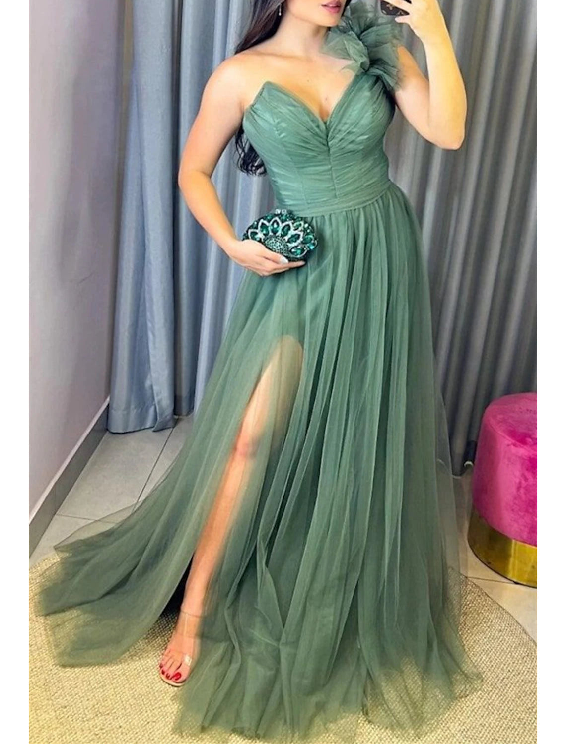 Vestido de noche de corte A, talla grande, para invitados de boda, formal, con cola, sin mangas, sin tirantes, de tul con lazo(s), abertura