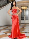 Red Satin Floor-Length Sheath/Column Evening Dress with Ruched Bodice