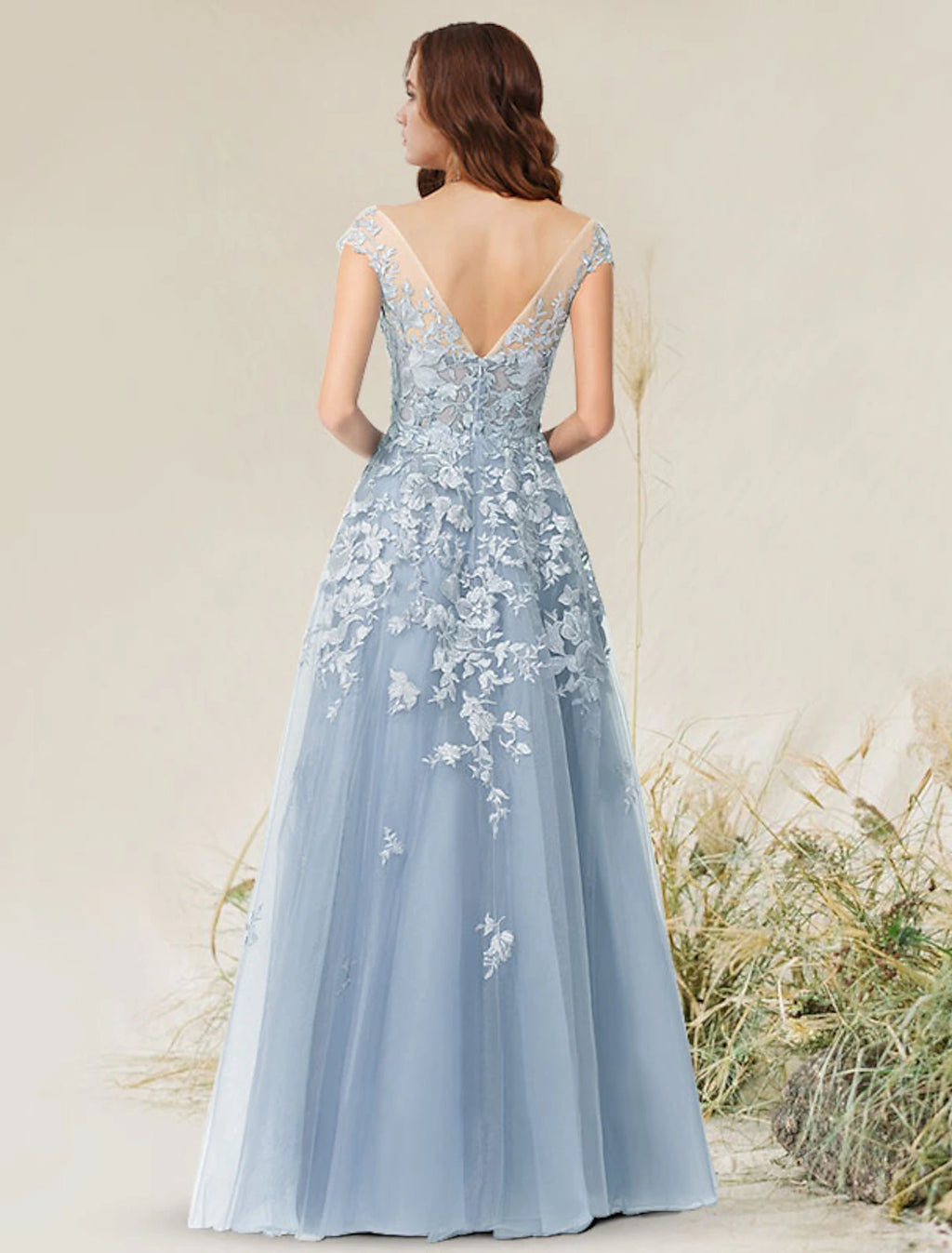 Abito da sera formale elegante in stile impero, a trapezio, senza maniche, con scollo gioiello, lunghezza al pavimento, in pizzo con applicazioni