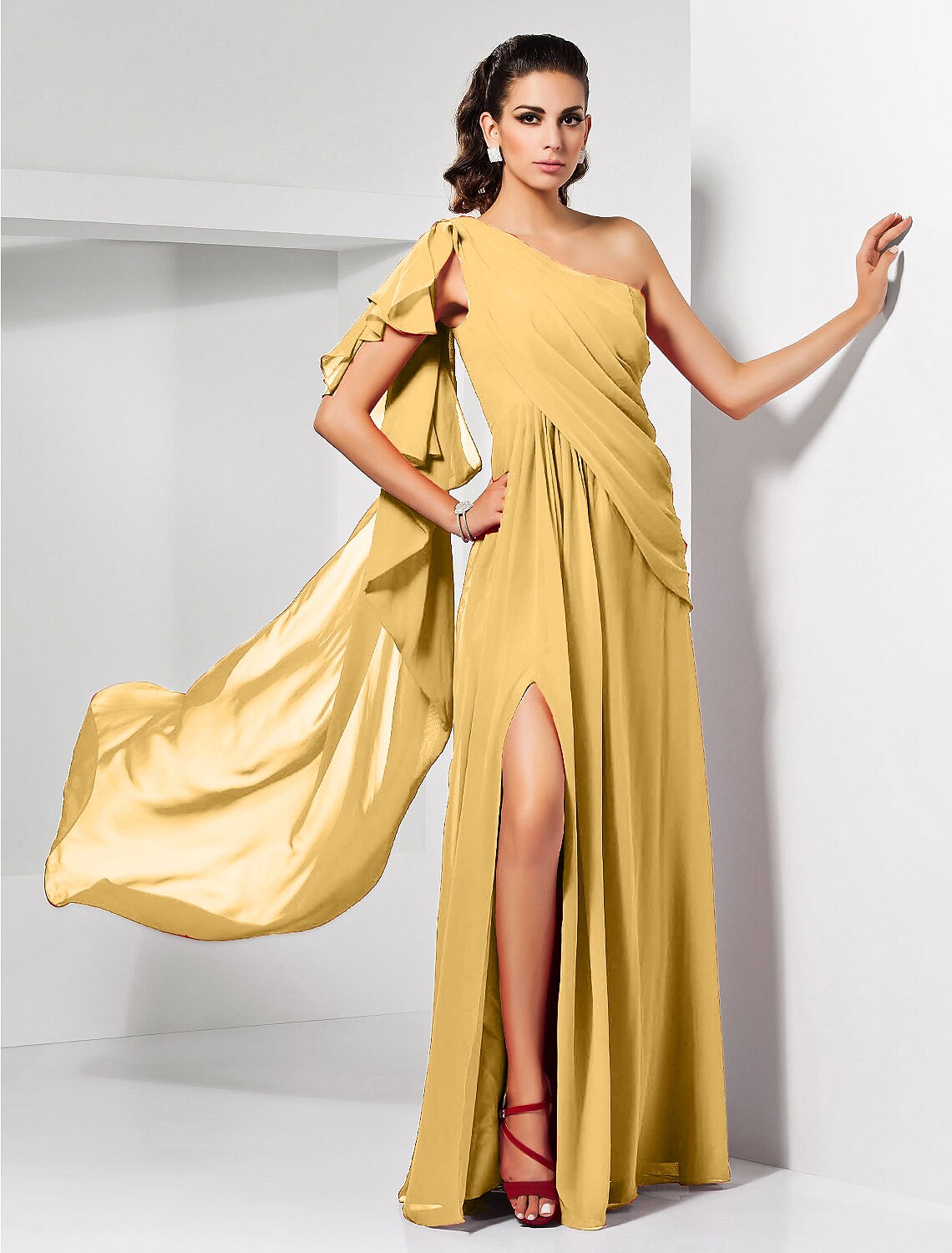 Abito da sera formale in stile impero, con una spalla, senza maniche, lunghezza al pavimento, in chiffon, con spacco drappeggiato, per invitati a nozze, con tubino rosso e verde natalizio