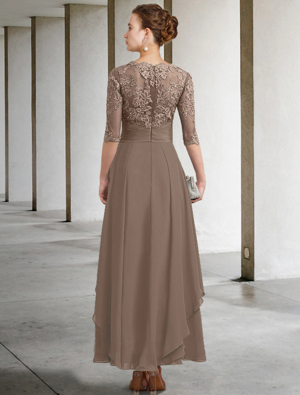 Mocha Chiffon A-Line Ankle-Length Evening Dress with Lace Bodice & Draped Waist
