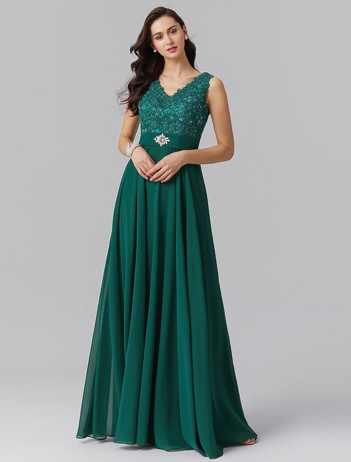 Emerald Chiffon A-Line Floor-Length Dress with Embellished Lace Bodice
