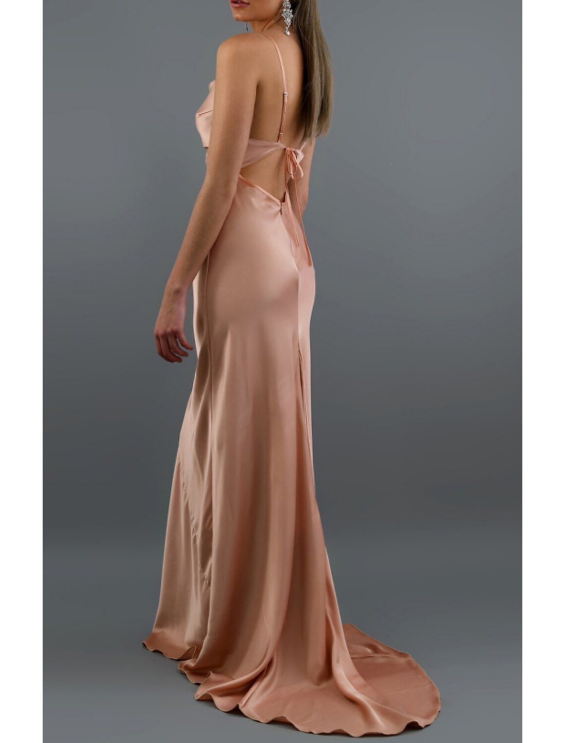Blushing Pink Satin Sheath/column Floor-Length Dress with Cowl Neck & Spaghetti Straps for Bridesmaids & Evening Parties