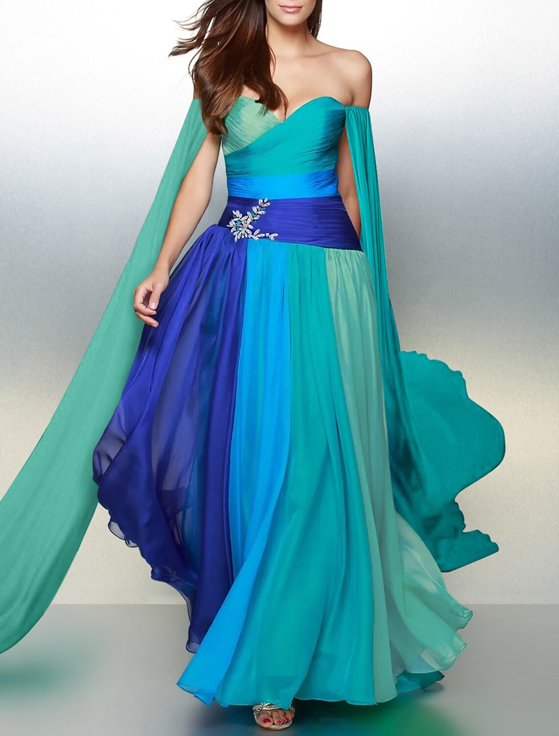 Vibrant Multi-Color Chiffon A-Line Off-the-Shoulder Floor-Length Gown