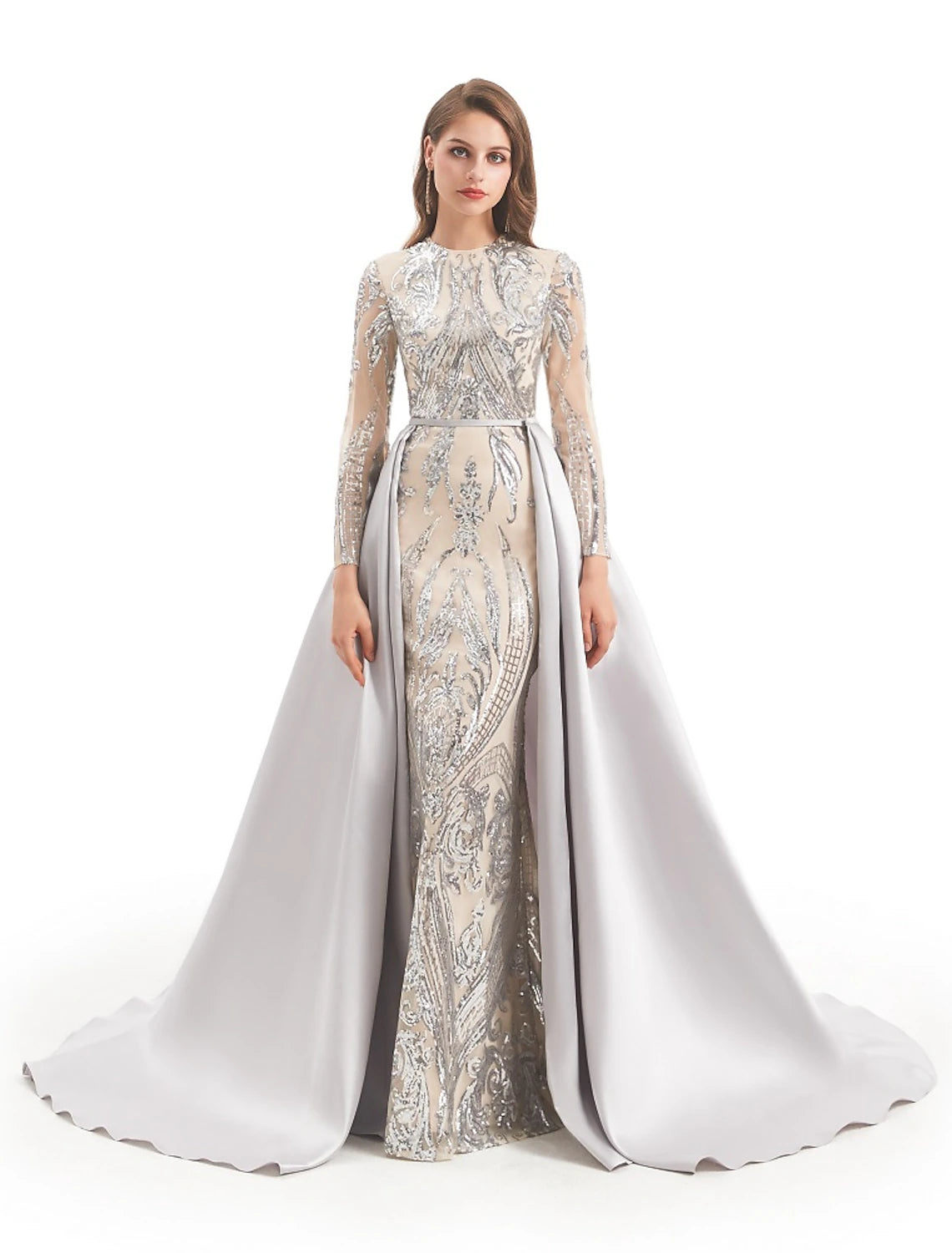 Vestido de fiesta de sirena, vestido de noche, vestido lujoso, vestido de carnaval, boda, invitado, cola de corte, manga larga, cuello joya, falda de satén desmontable con lentejuelas, estampado/estampado