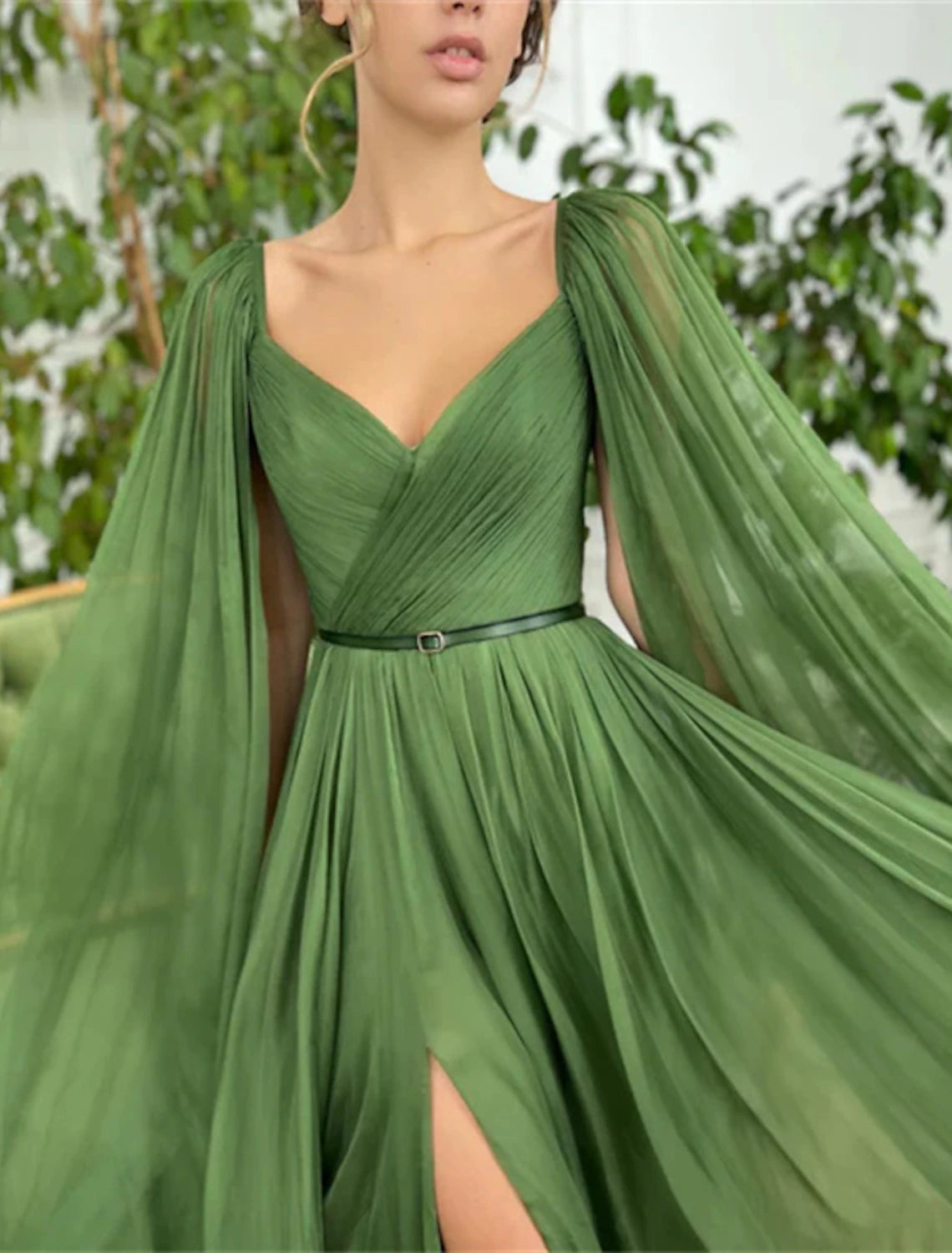 Olive Green Chiffon A-Line Sweetheart Floor-Length Dress with Flowing Cape Sleeves