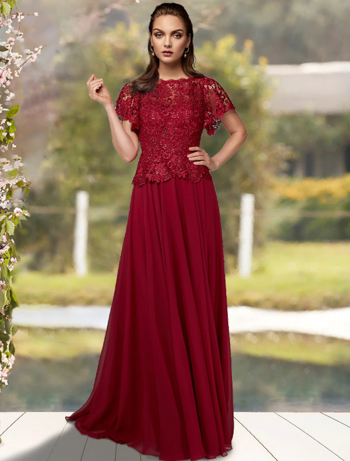 Abito da madre della sposa a trapezio, elegante, taglie forti, con scollo gioiello, lunghezza pavimento, in chiffon, pizzo, maniche corte con applicazioni di perline