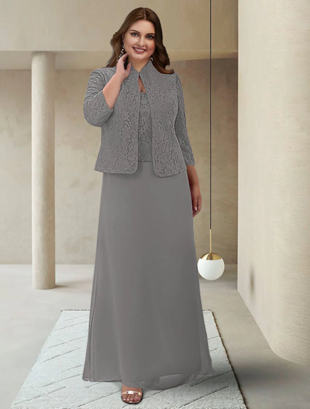 Grey Chiffon A-Line Floor-Length Evening Dress with Lace Jacket