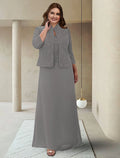 Grey Chiffon A-Line Floor-Length Evening Dress with Lace Jacket