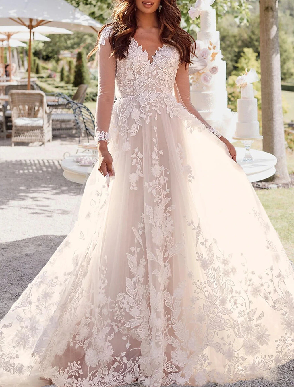 Ivory Lace A-Line Floor-Length Bridesmaid Dress with Floral Appliqué & Illusion Long Sleeves