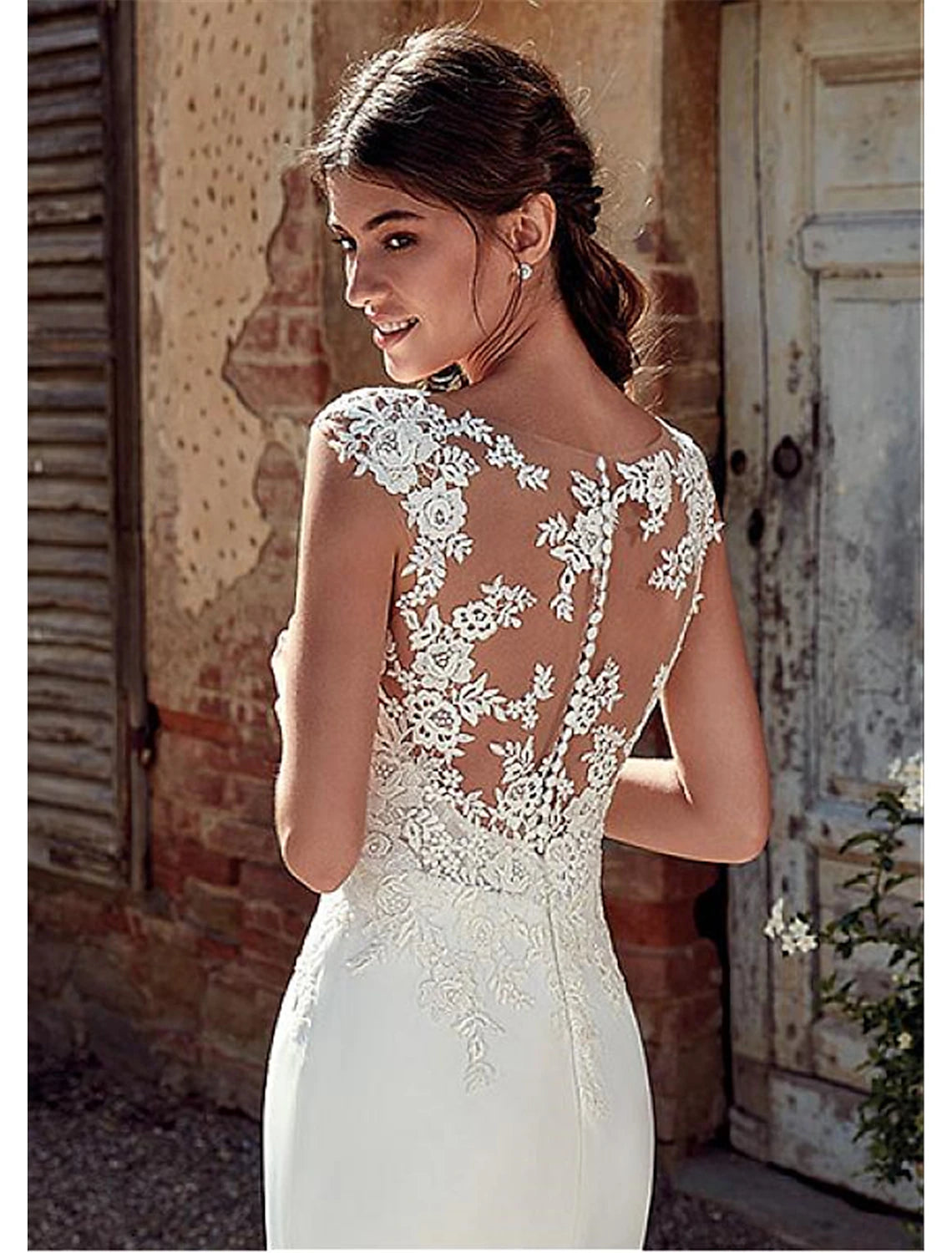 Ivory Satin Floor-Length Bridesmaid Dress with Lace Illusion Neck