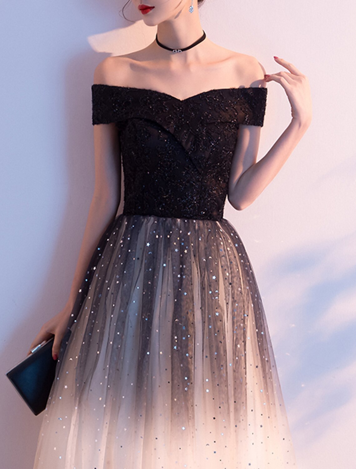 A-Line Evening Gown Glittering Dress Party Wear Formal Evening Floor Length Short Sleeve Off Shoulder Tulle with Sequin