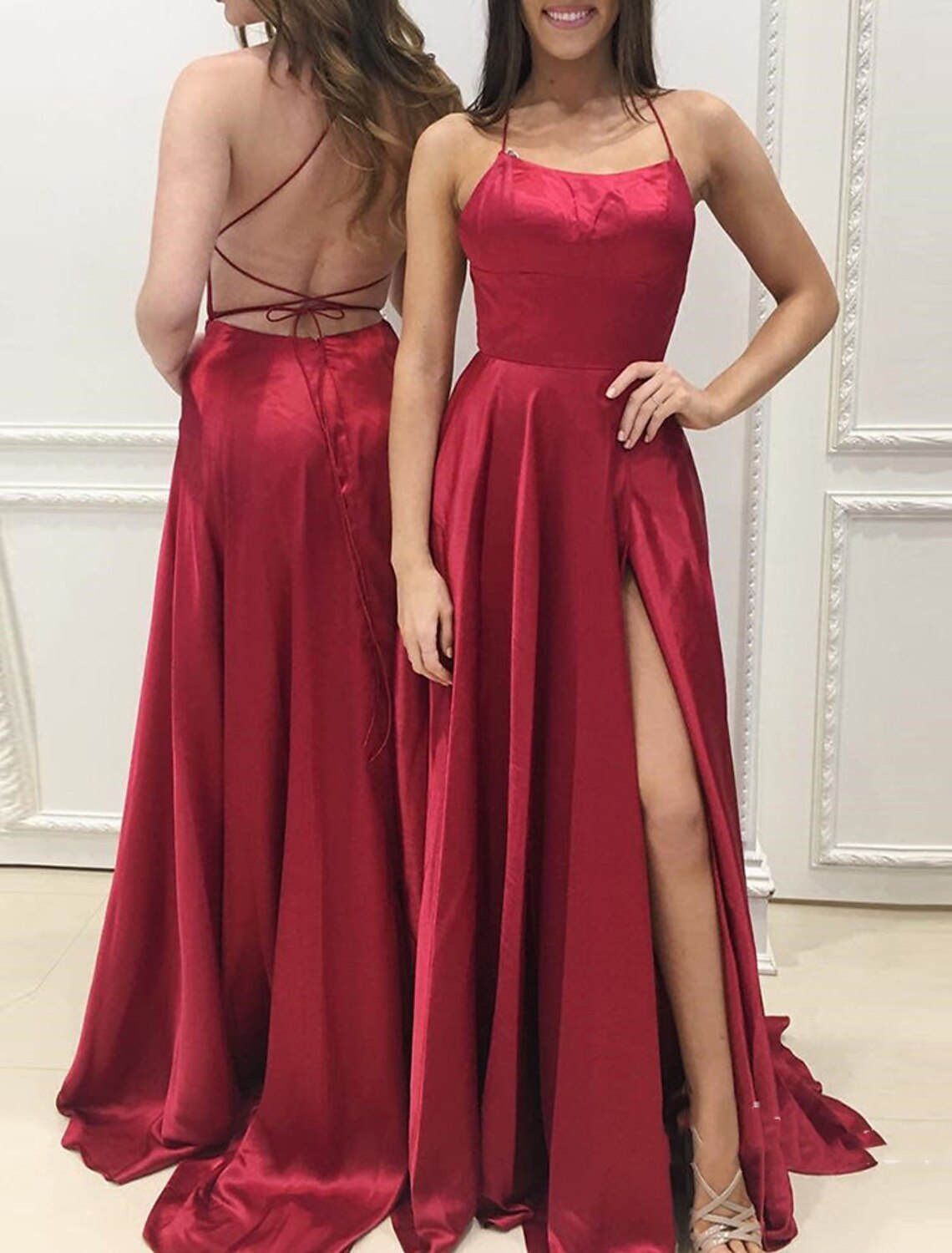 Abito da sera a trapezio, sexy, formale, da invitato a nozze, con strascico a spazzola, senza maniche, spalline sottili, in charmeuse con spacco