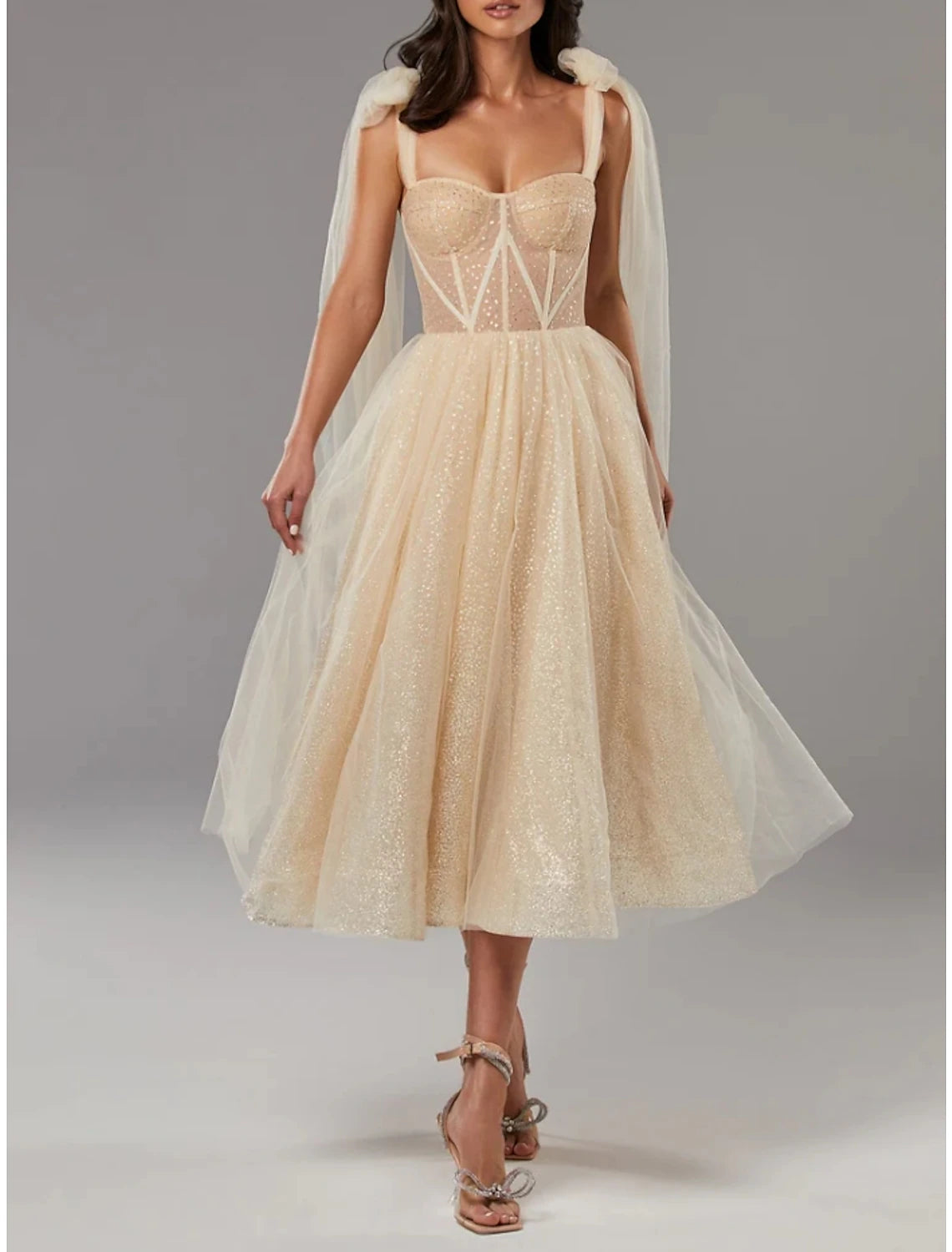 A-Line Prom Dresses Elegant Dress Formal Tea Length Sleeveless Sweetheart Tulle with Pleats Sequin 2025