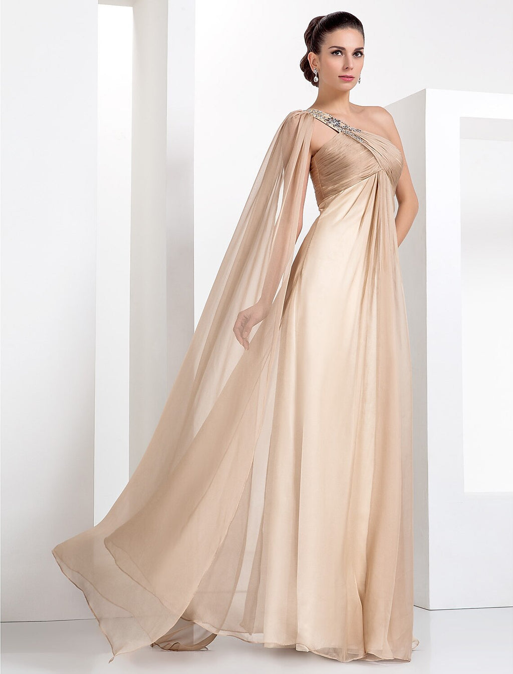 Champagne Chiffon A-Line Floor-Length Evening Dress with One Shoulder & Beaded Strap