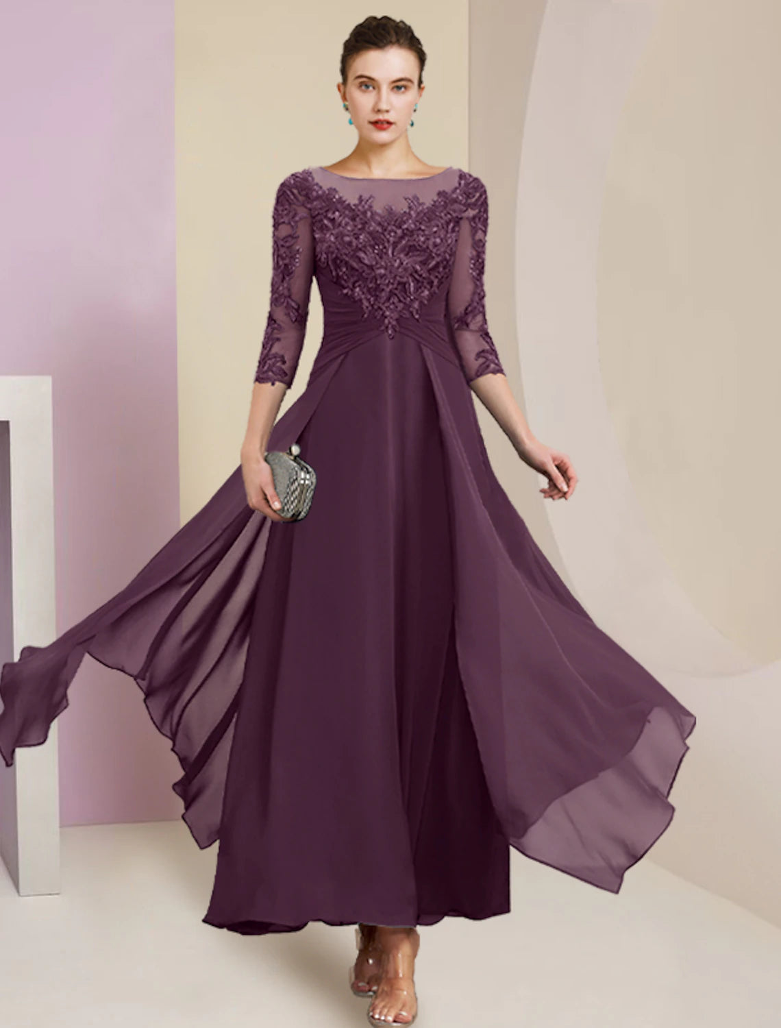 Abito da cerimonia per la madre della sposa, a tubino, semplice ed elegante, con scollo a gioiello, lunghezza alla caviglia, in chiffon, pizzo, manica a 3/4 con pieghe e paillettes