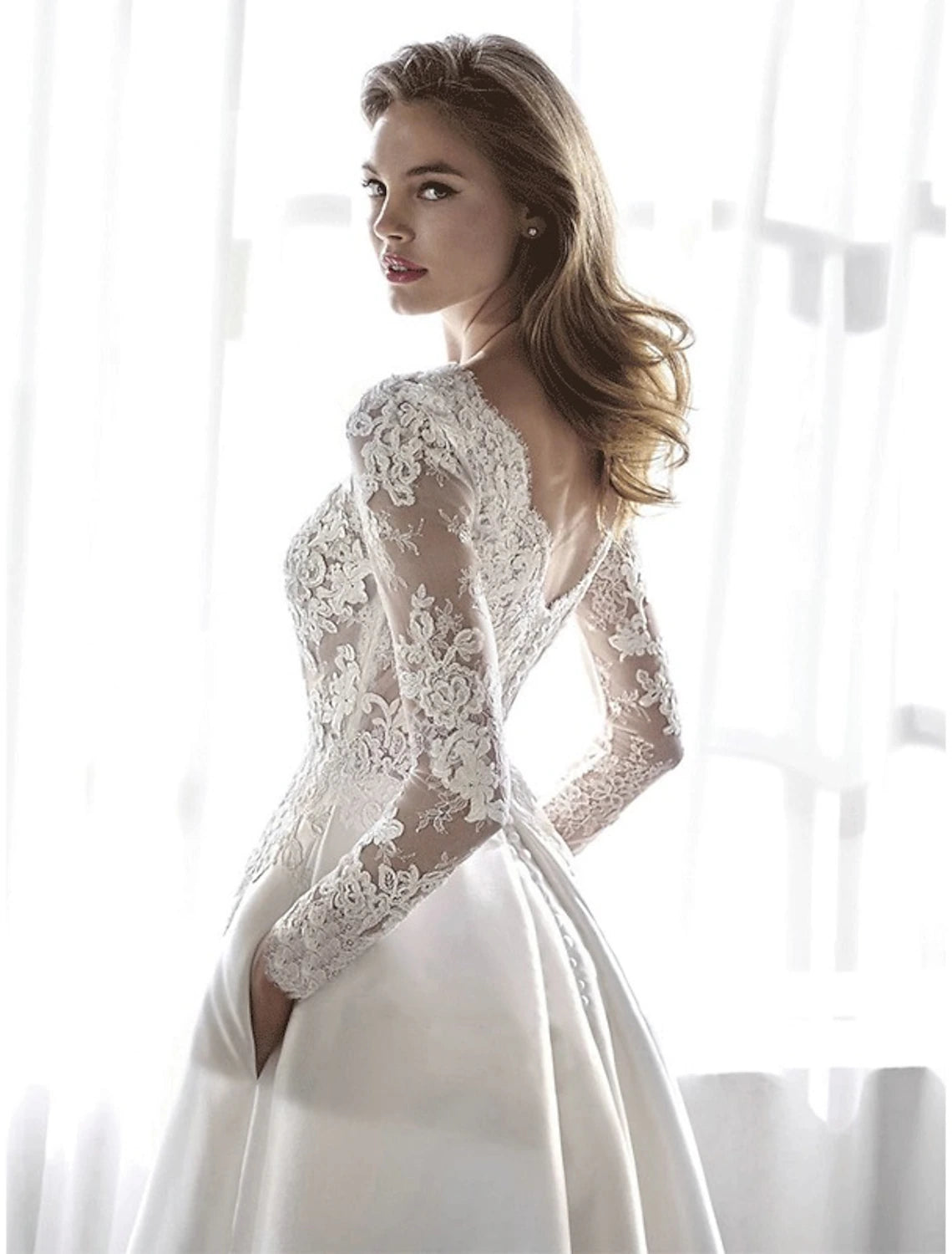 Ivory Lace A-Line Long Sleeve Boat Neck Floor-Length Dress