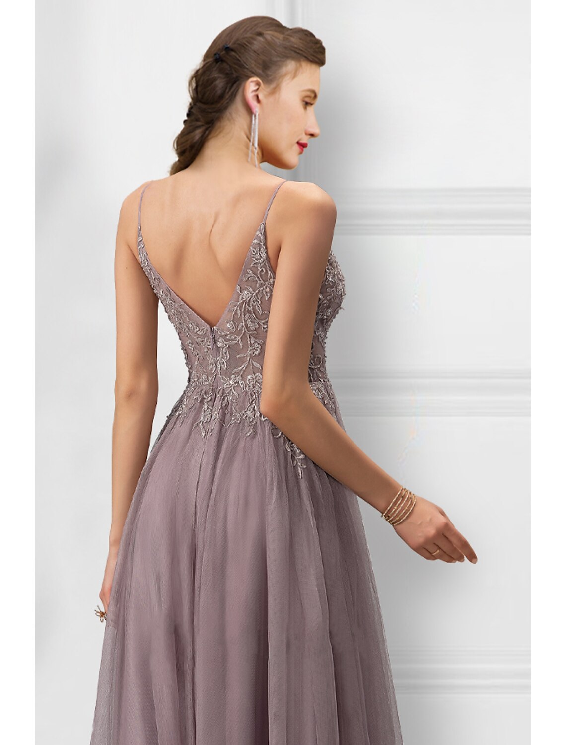 Abiti da ballo a trapezio, abiti floreali, abiti da festa, lunghezza pavimento, senza maniche, spalline sottili, in tulle con spacco