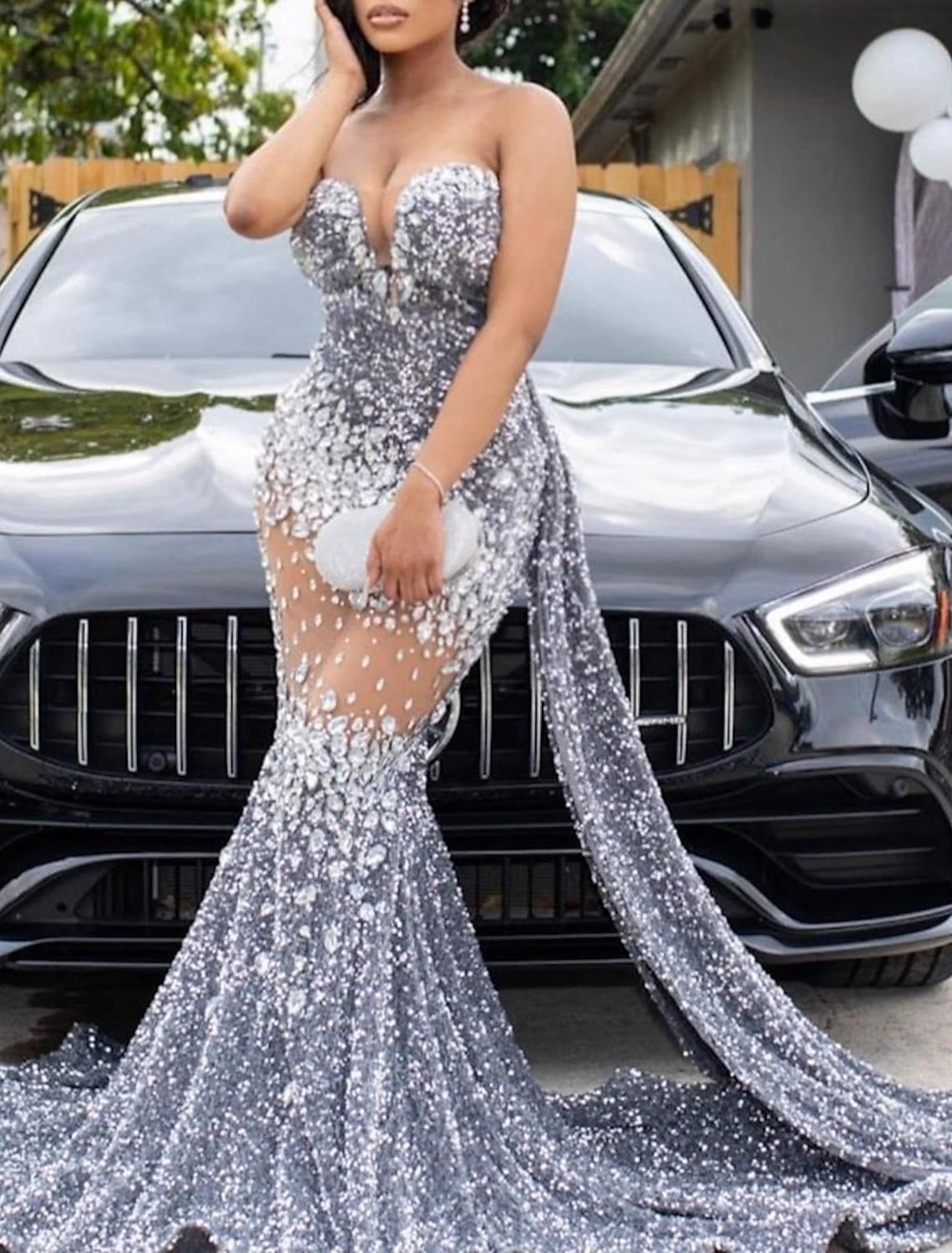 Silver Sequin Mermaid Floor-Length Evening Dress with Sweetheart Neckline