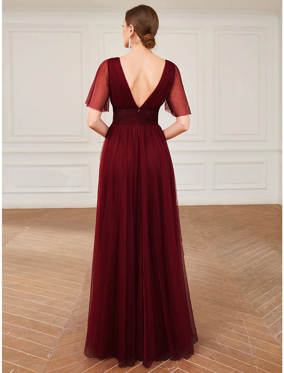 Burgundy Tulle A-Line Floor-Length Bridesmaid Dress with V-Neck & Back Zip