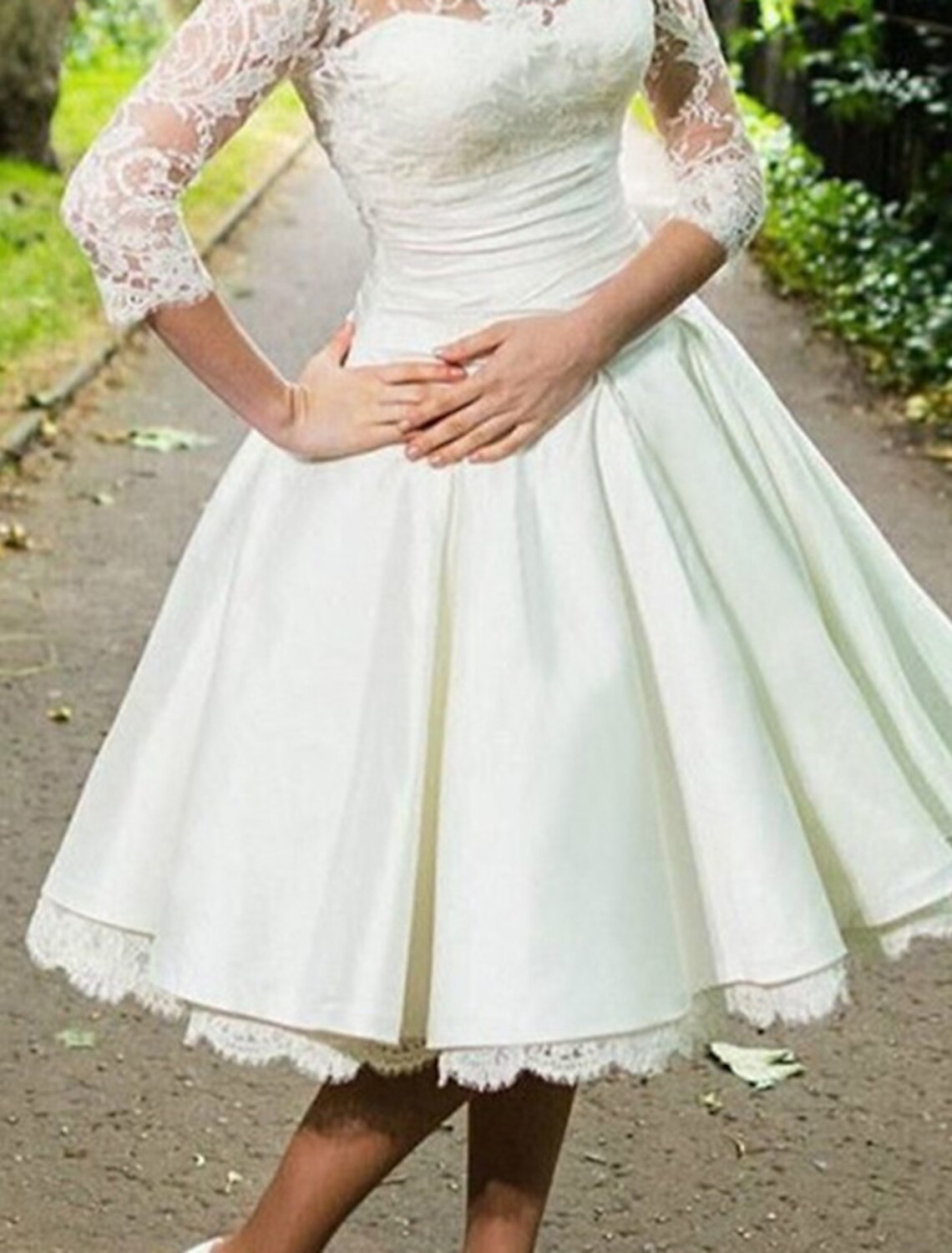 Abiti da cocktail a trapezio, stile anni '50, abiti da sposa, da invitato, lunghezza al ginocchio, maniche a 3/4, scollo gioiello, ricevimento di nozze autunnale, in raso con applicazioni arricciate