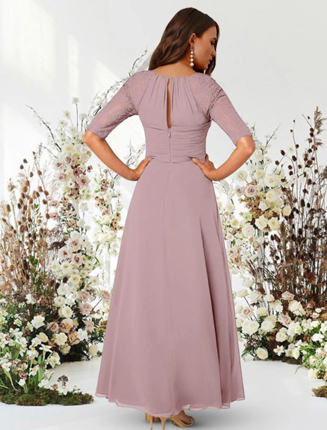 Dusty Rose Chiffon A-Line Floor-Length Bridesmaid Dress with Lace Sleeves