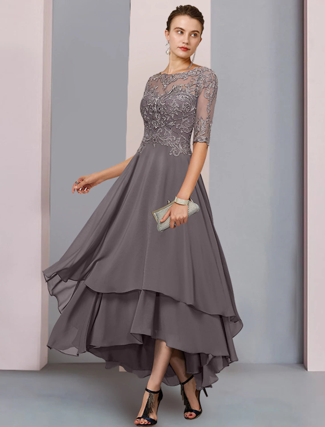 Grey Chiffon A-Line High-Low Dress with Boat Neck and Illusion Lace Bodice