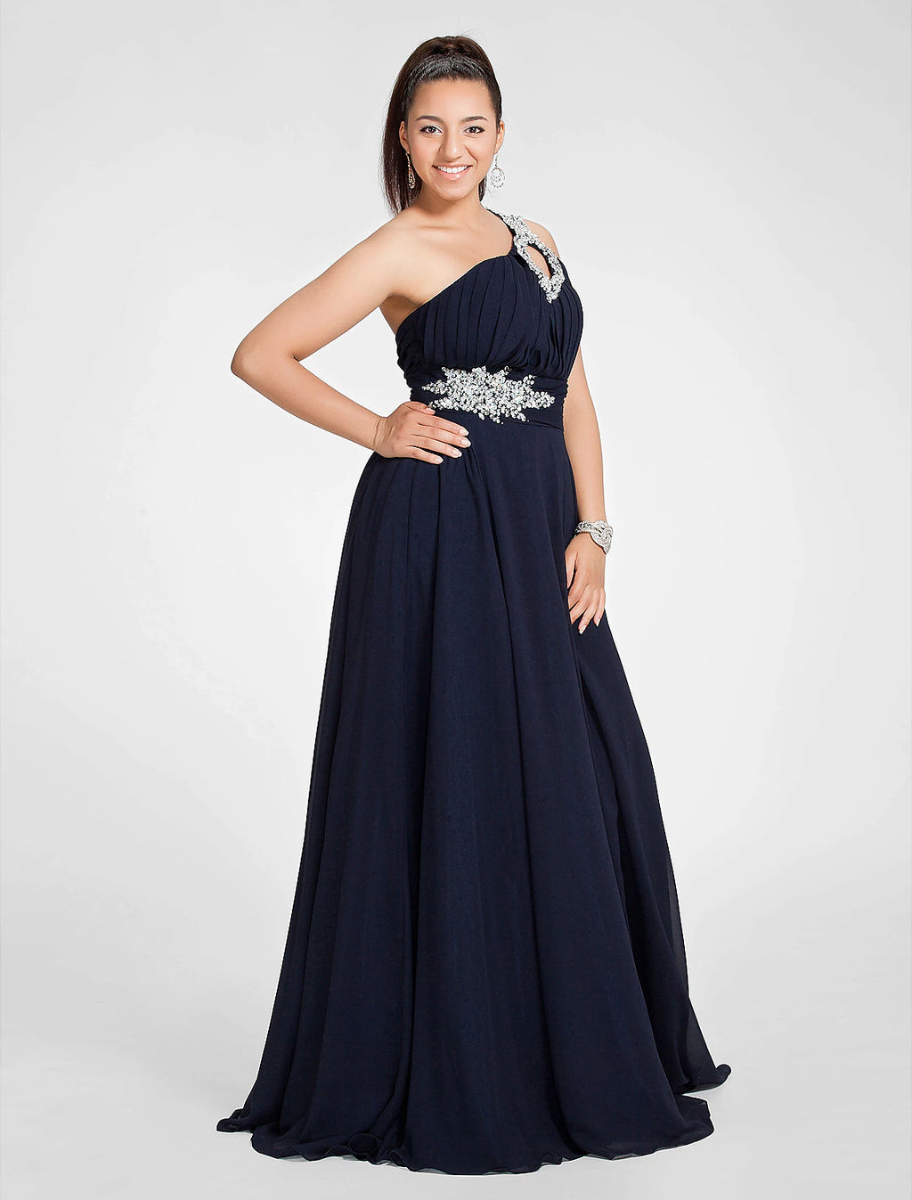 Dark Navy One Shoulder A-Line Chiffon Floor-Length Evening Dress