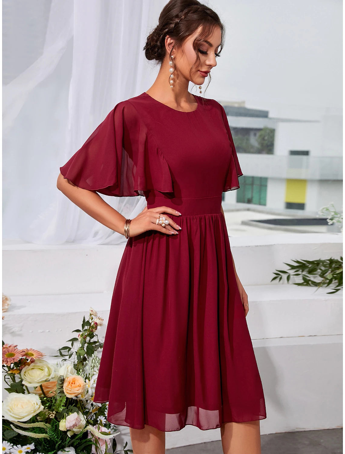 Burgundy Chiffon A-Line Midi Bridesmaid Dress with Flutter Sleeves