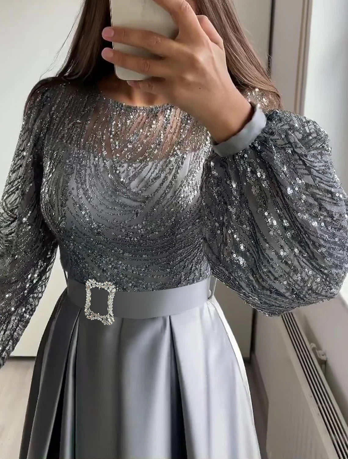 A-Line Evening Gown Elegant Dress Wedding Black Tie Floor Length Long Sleeve Jewel Neck Fall Wedding Guest Satin with Sequin