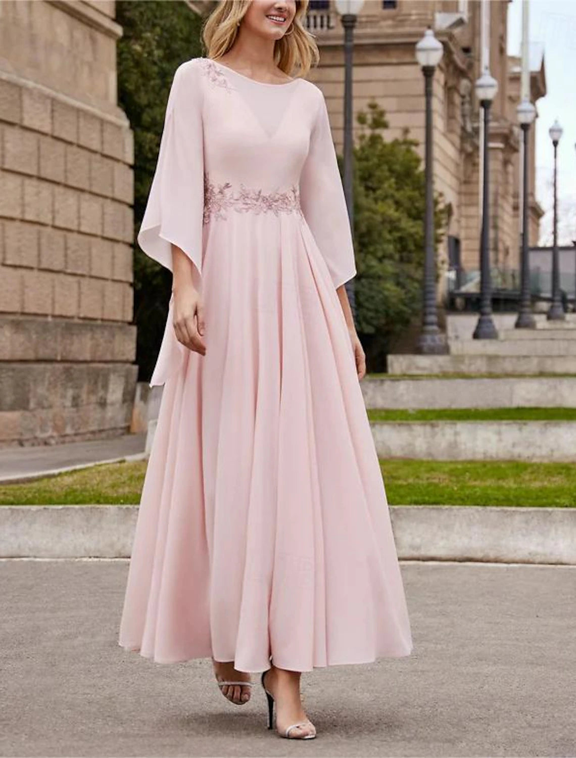 Abito da cerimonia per la madre della sposa a trapezio, in stile Kentucky Derby, elegante, con scollo a barca, lunghezza alla caviglia, in chiffon, maniche a 3/4, con perline e paillettes