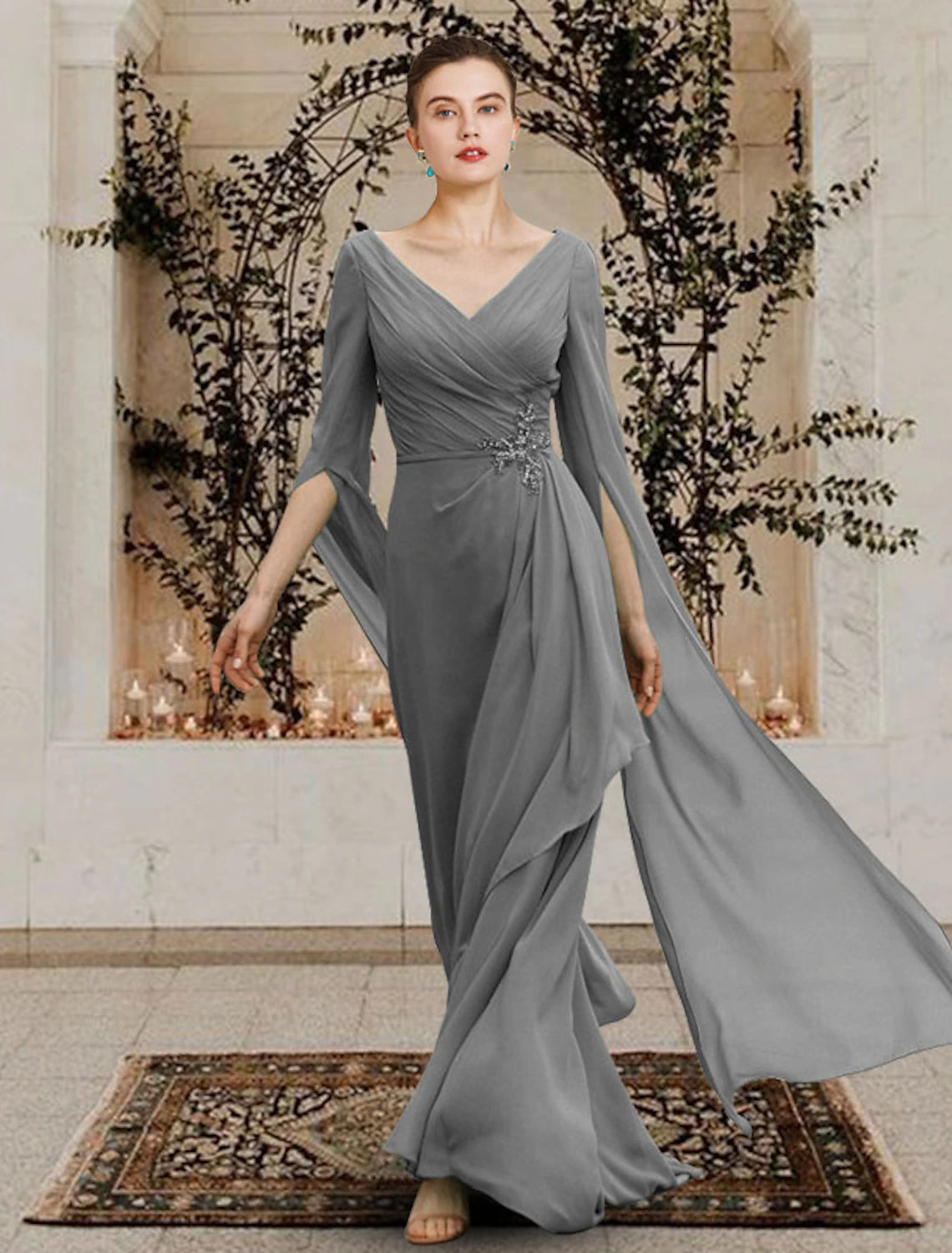 Grey Chiffon A-Line V-Neck Floor-Length Dress with Ruched Bodice & Split Sleeves