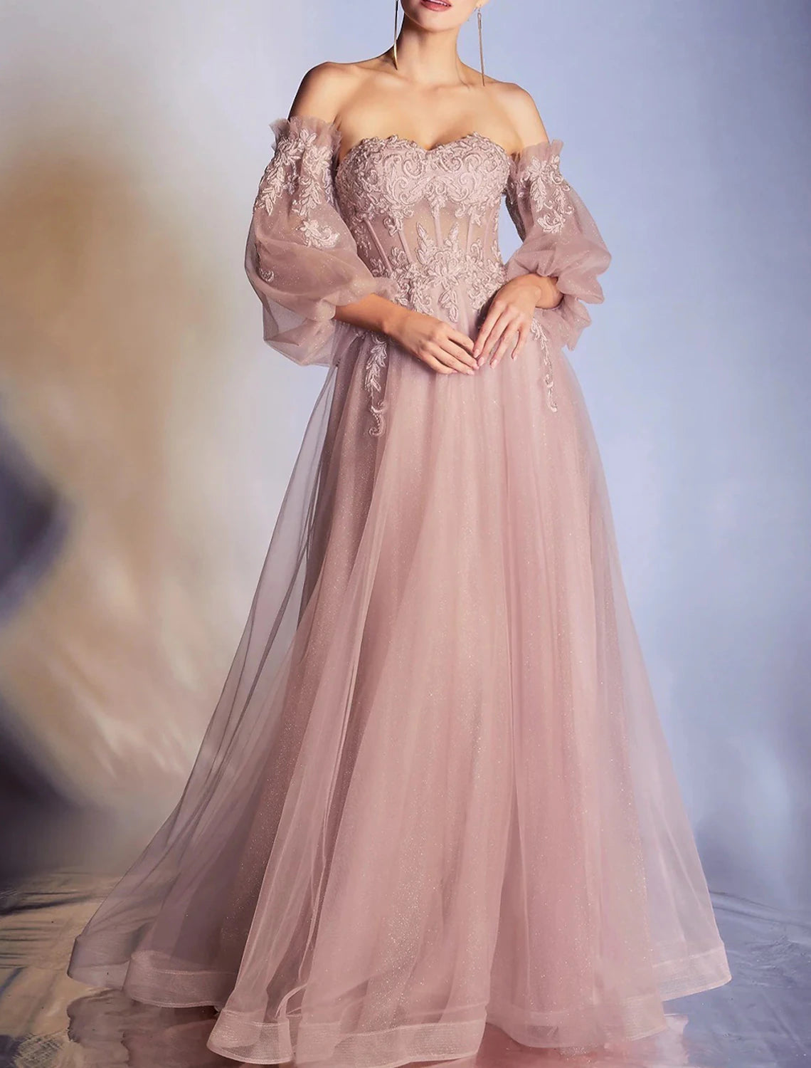 Dusty Rose Off-the-Shoulder Tulle A-Line Floor-Length Gown with Lace Appliques