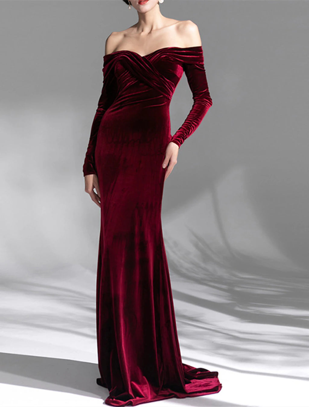 Burgundy Velvet Off-the-Shoulder Sheath Floor-Length Gown