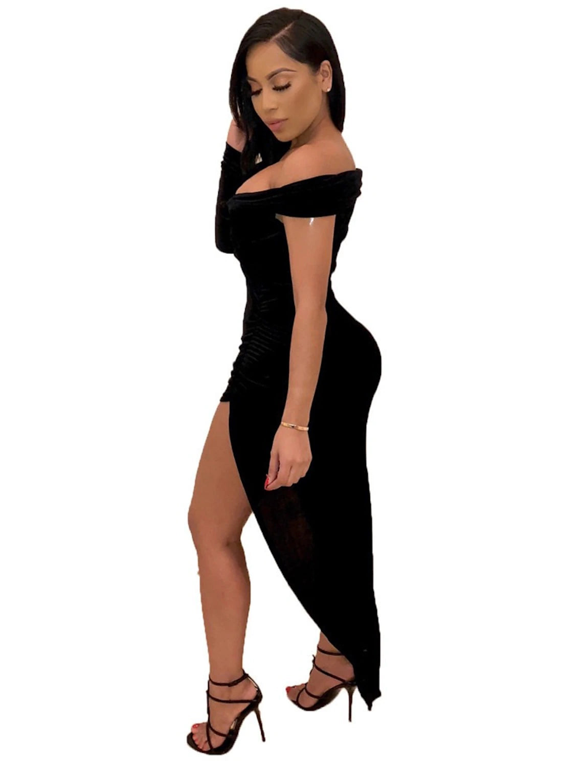 Black Velvet Asymmetrical Sheath/Column Evening Dress
